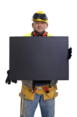 Plump construction worker with black board  isolated in whiteの写真素材