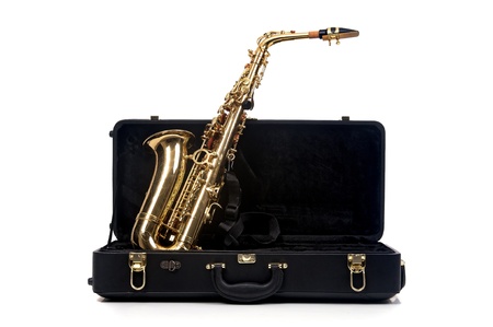 Saxophone with case isolated in whiteの写真素材