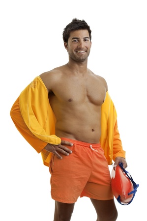 Muscular lifeguard isolated in whiteの写真素材