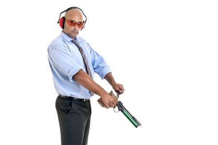 Businessman with compressed air gun