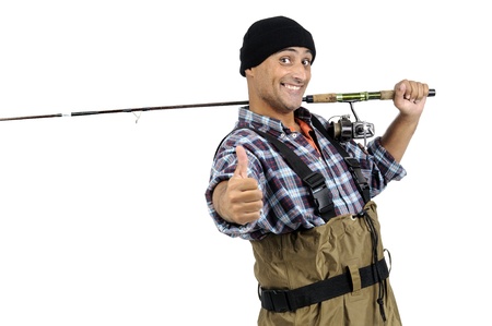 Fisherman with fishing rod isolated in whiteの写真素材