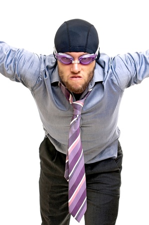 Businessman with swimming gear isolated in whiteの写真素材
