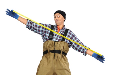 Exceeded fisherman with measuring tape isolated in white
