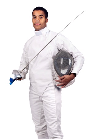 Male fencer isolated in white