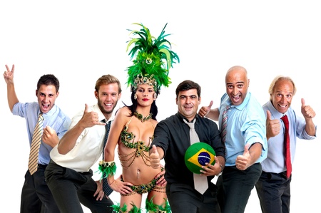 Team of businessmen and brazilian carnaval dancer with soccer ball