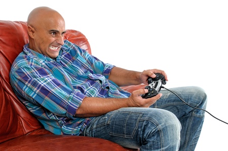 Man playing video games isolated in white