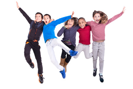 Group of children jumpng isolated in whiteの写真素材