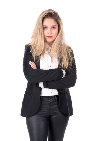 Young business woman posing isolated in whiteの写真素材