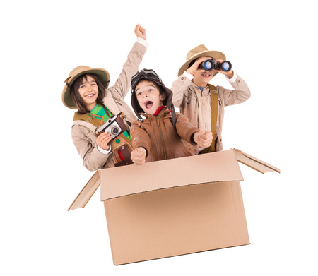 Children in a cardboard box playing Safariの写真素材
