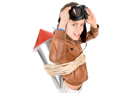 Young boy with home made rocket ready for adventure