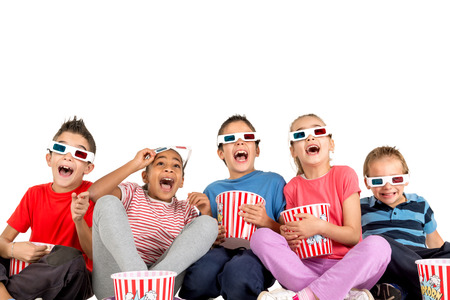 Group of children with 3d glasses and popcorn