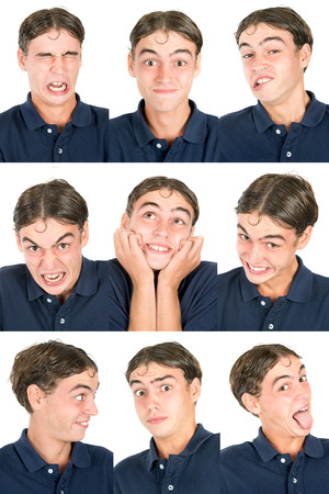 Teenager boy making several faces isolated in whiteの写真素材