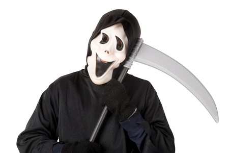 Kid with reaper mask in  Halloween costume isolated in whiteの写真素材