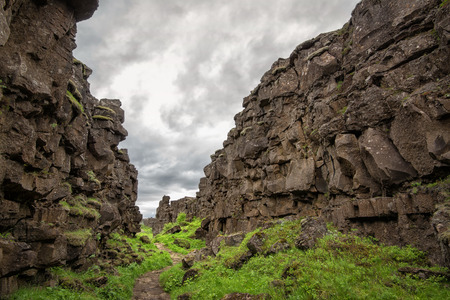Beautiful entrance to Oxarafoss waterfalls in Icelandの写真素材