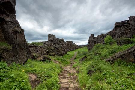 Beautiful entrance to Oxarafoss waterfalls in Icelandの写真素材