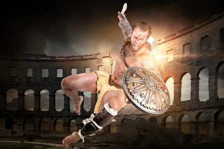 Ancient warrior or Gladiator ready to fight in the arenaの写真素材