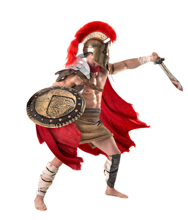 Ancient warrior or Gladiator posing over a white backgroundの写真素材