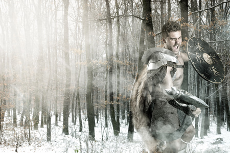 Ancient warrior or Gladiator outdoors with an axeの写真素材