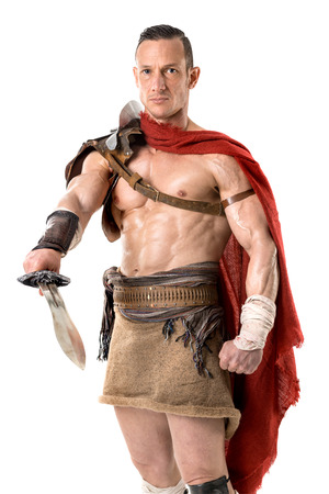 Ancient warrior or Gladiator posing over a white backgroundの写真素材