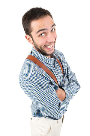 Young nerd posing isolated in a white backgroundの写真素材