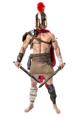 Ancient warrior or Gladiator posing over a white backgroundの写真素材