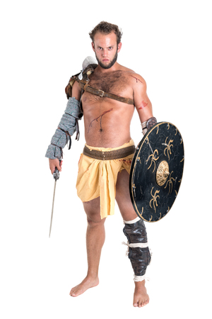 Ancient warrior or Gladiator isolated in a white backgroundの写真素材
