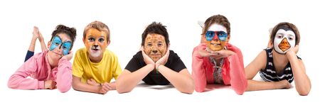 Children's group with animal face-paint isolated in white