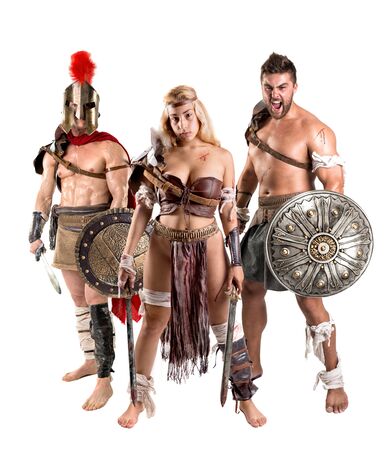 Ancient warrior or Gladiator's group ready to fight, isolated in whiteの写真素材