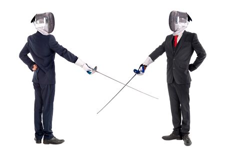 Male fencer businessmen, ready for a duel isolated in white background