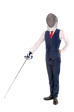 Male fencer businessman, ready for a duel isolated in white background