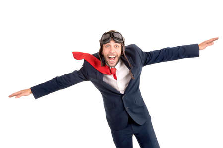 Businessman with pilot goggles isolated in white