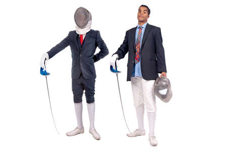 Male fencer businessmen, ready for a duel isolated in white background