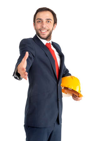 Engineer with helmet isolated in a white backgroundの写真素材