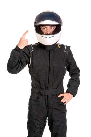 Victorious racing driver posing with helmet isolated in whiteの写真素材
