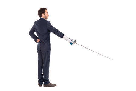 Male fencer businessman, ready for a duel isolated in white backgroundの写真素材