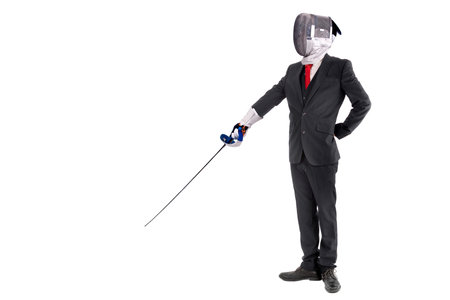 Male fencer businessman, ready for a duel isolated in white backgroundの写真素材
