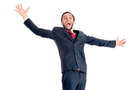 Happy and successful businessman isolated in whiteの写真素材