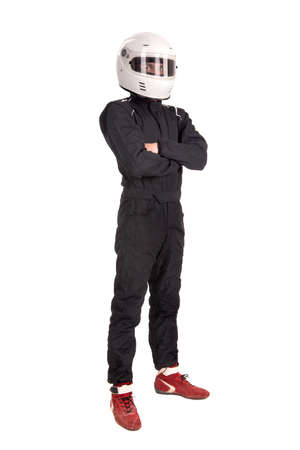 Racing driver posing with helmet isolated in whiteの写真素材