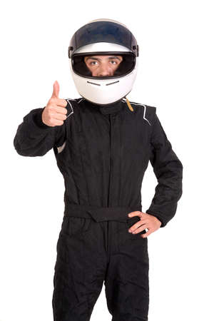 Racing driver posing with helmet isolated in whiteの写真素材