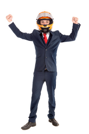 Happy and successful businessman with helmet isolated in whiteの写真素材