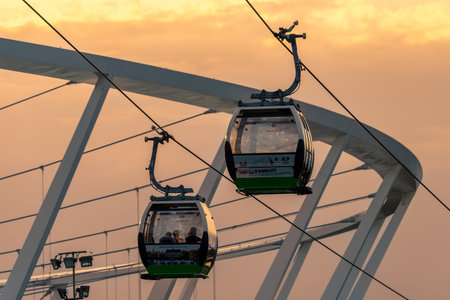 Silesia Park Cable Car Cabins at Sunset with Chorzow Stadium, July 5 2025, Chorzowのeditorial素材