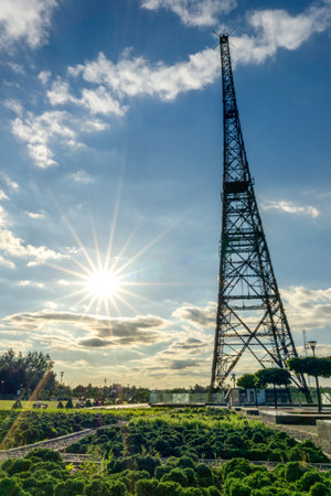 Vertical composition showing the wooden radio tower of Gliwice against a clear sky in Poland