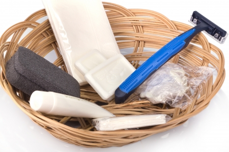 Hotel amenities kit in basketの写真素材