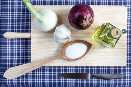 basic ingredients on a kitchen tableの写真素材