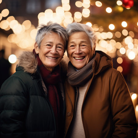A cozy Christmas night. Cheerful older gay women posing close together in their coats and scarves on a street decorated with Christmas decorations.の素材