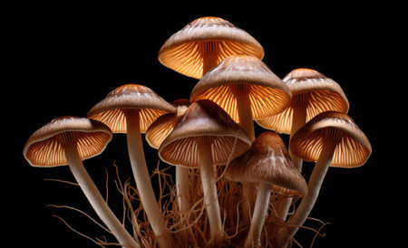 Detail of a group of mushrooms seen from below and isolated on a black background copy-spaceの素材