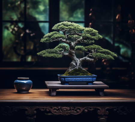 Exquisite bonsai tree on display with intricate branches and lush foliage, set in a serene interior settingの素材