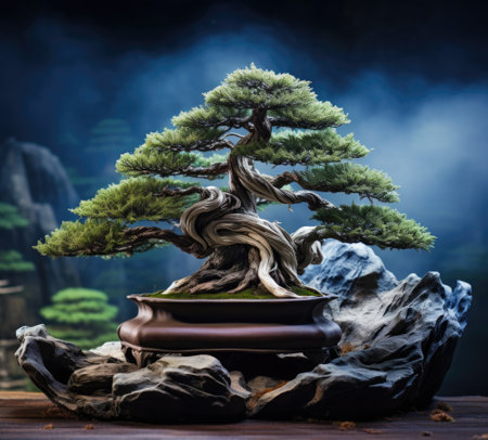 Majestic bonsai tree perched atop a rugged rock, evoking ancient landscapes against a misty mountain backdropの素材