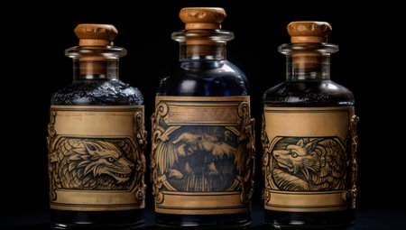 Three ornate bottles with intricate animal engravings on patchment labels, corked with wooden lids, set against a dark background. Mystical Elixirs: Bottles with Engraved Animal Artistryの素材