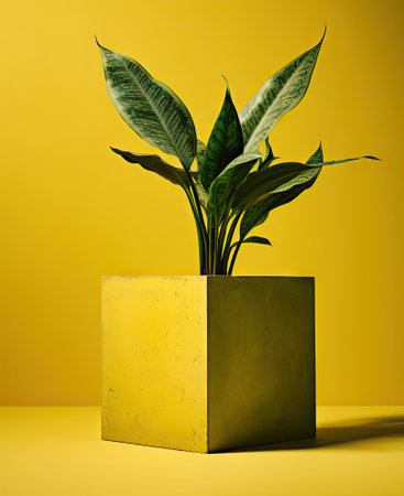Variegated plant leaves sprouting from a textured yellow cube against a vibrant yellow background, highlighting minimalist modern decor. Minimalistic Greenery: Variegated Plant in Textured Yellow Potの素材